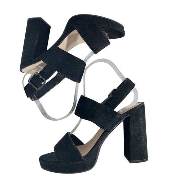 BAR III! BLACK VEGAN SUEDE MICROFIBER CHUNKY HEEL STRAP & BUCKLE SANDALS! SZ 7M - Picture 8 of 11